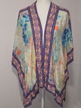 Tolani Collection Floral Boho Flowy Kimono Cover-Up Mint, Blue & Coral Size XS
